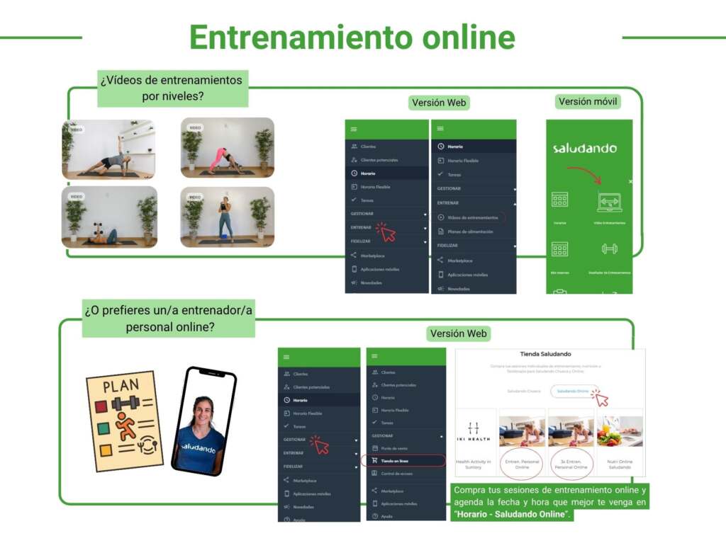 Explicación de cómo acceder a los entrenamientos online de Saludando